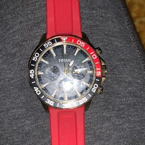 Fossil Red, black , and gold unisex watch